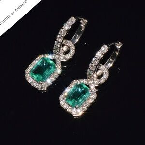 GIA NATURAL 4.12CTS VS F DIAMOND EMERALD 18K SOLID GOLD DANGLE HOOP EARRINGS